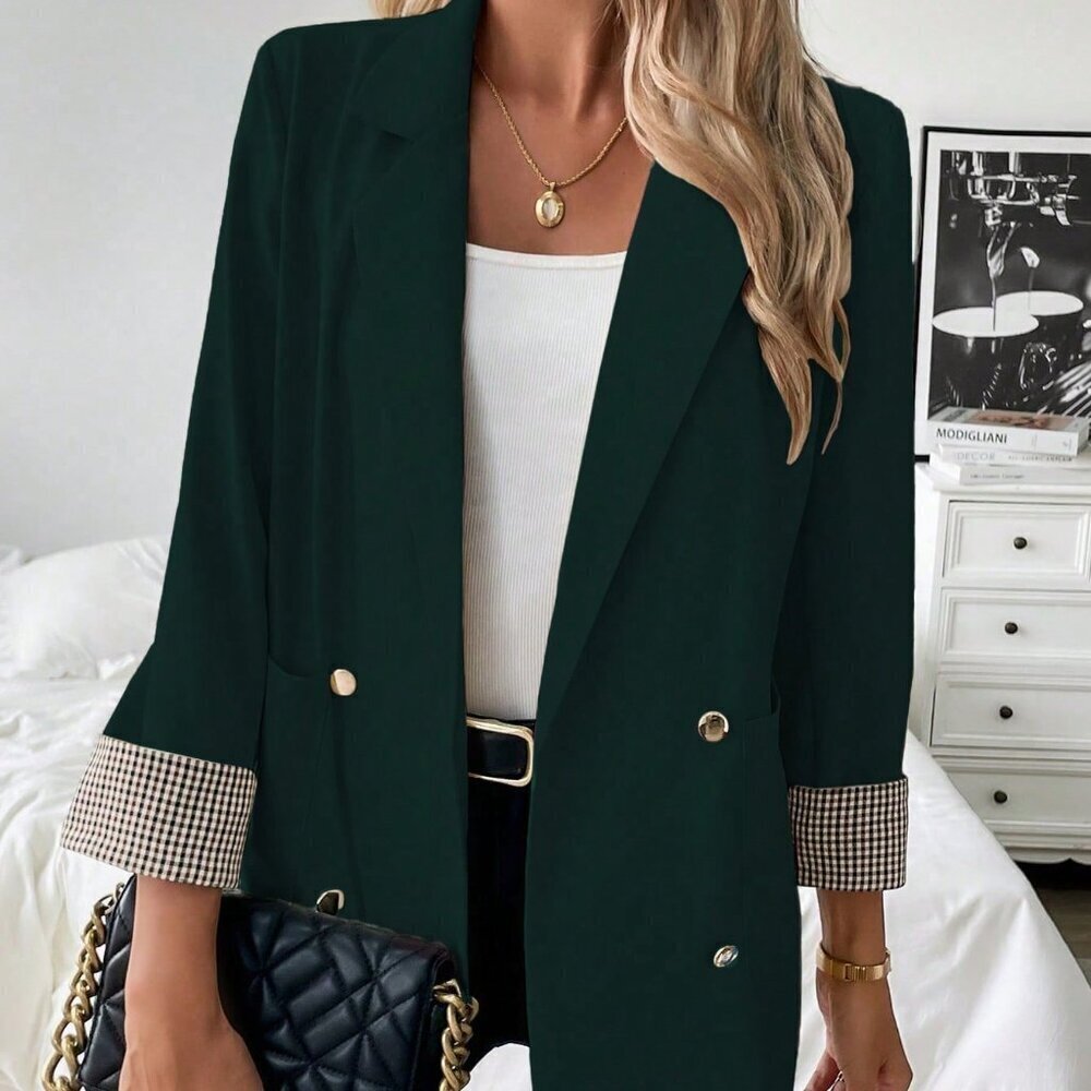 Dark Green Women's Elegant Plaid Suit Jacket